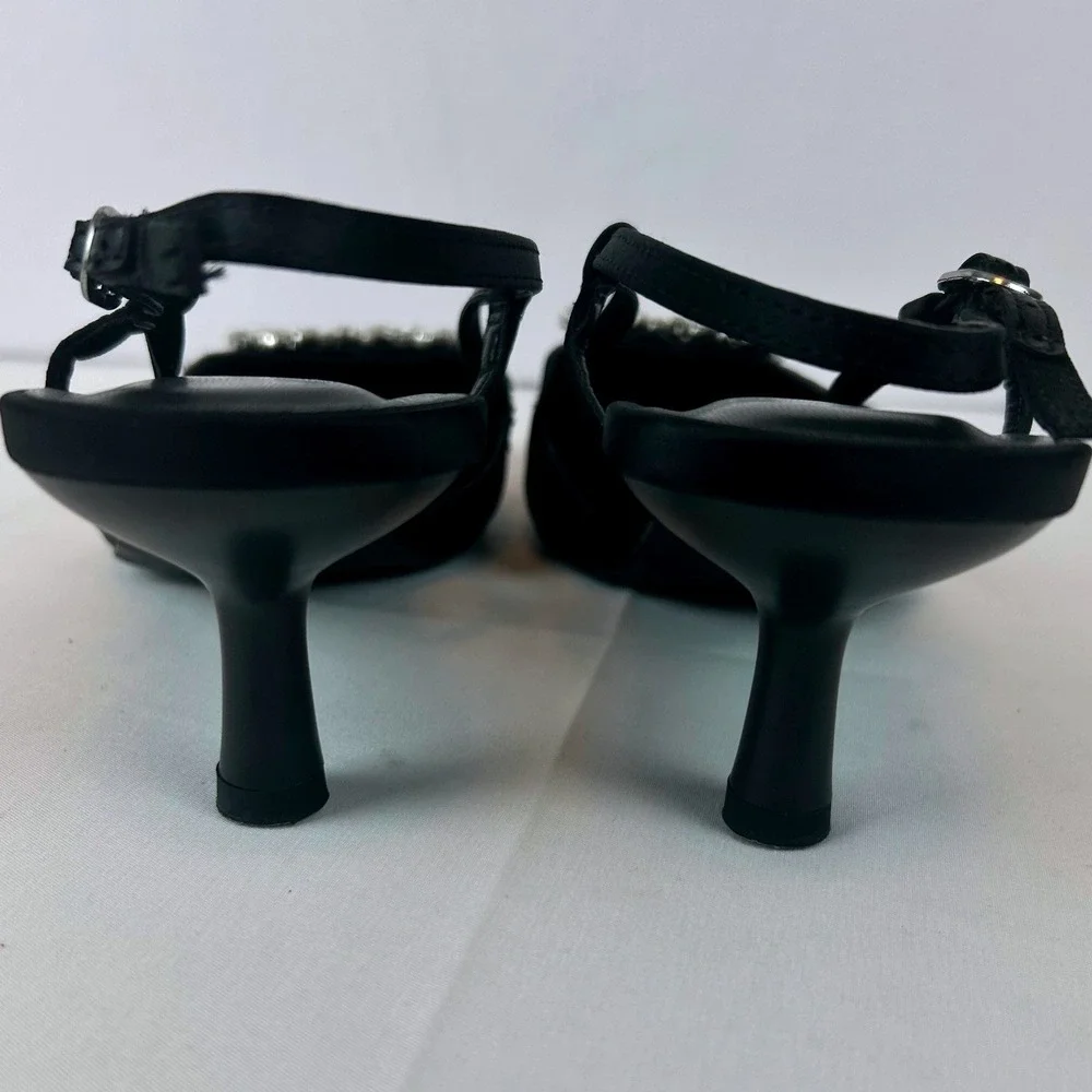 A New Day Black Satin Crystal Buckle Pointed Toe Slingback Kitten‎ Heels 8.5
